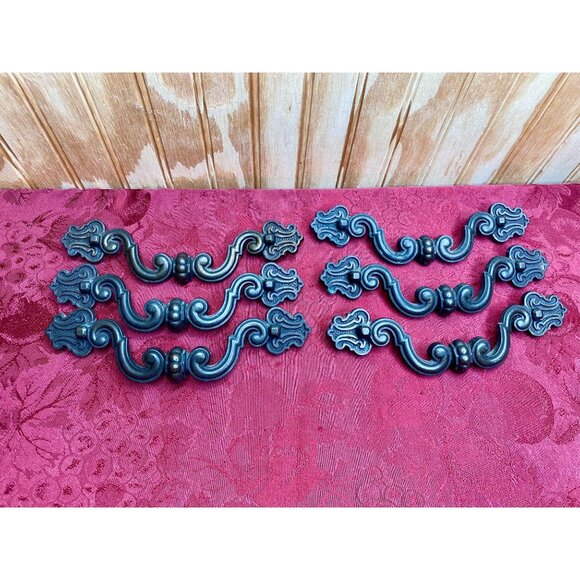 Vtg Large Ornate Brass Drawer Pulls Set Of 6 6" Wide Antique Furniture Hardware - Picture 1 of 11